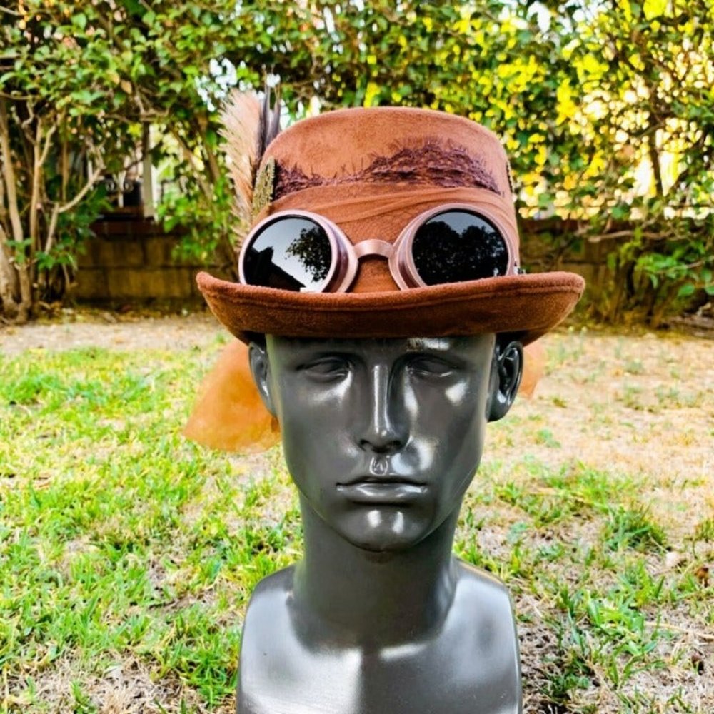 Victorian Steampunk Feather Lace Women Top Hat Dark Lens Goggles Party Costume - Picture 2 of 4